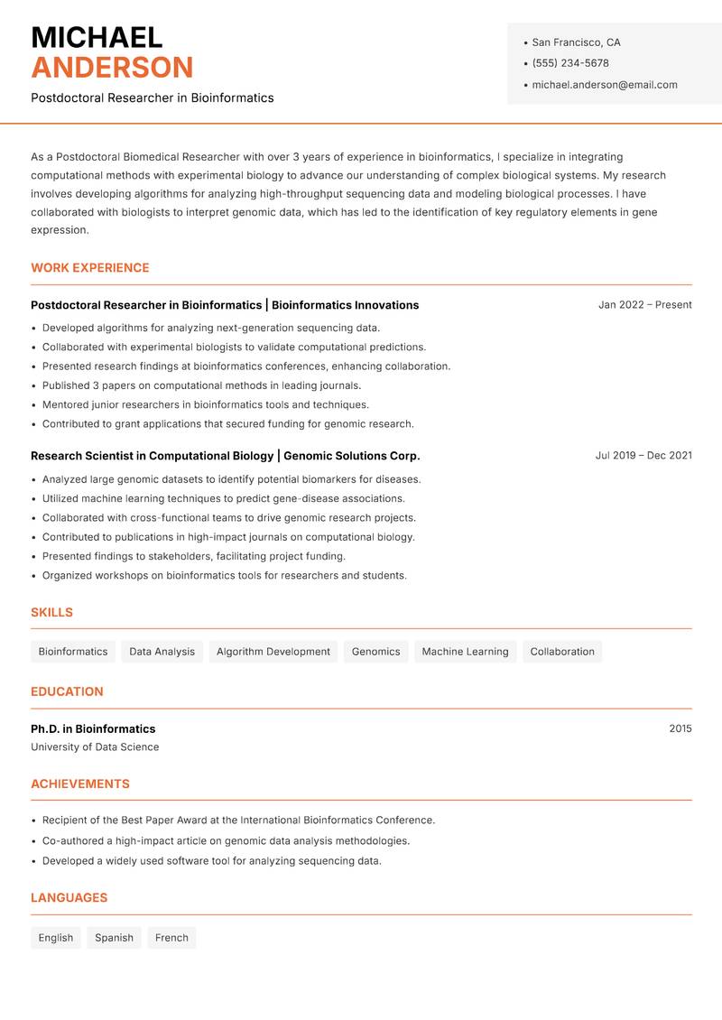 Postdoctoral Biomedical Researcher Resume Template