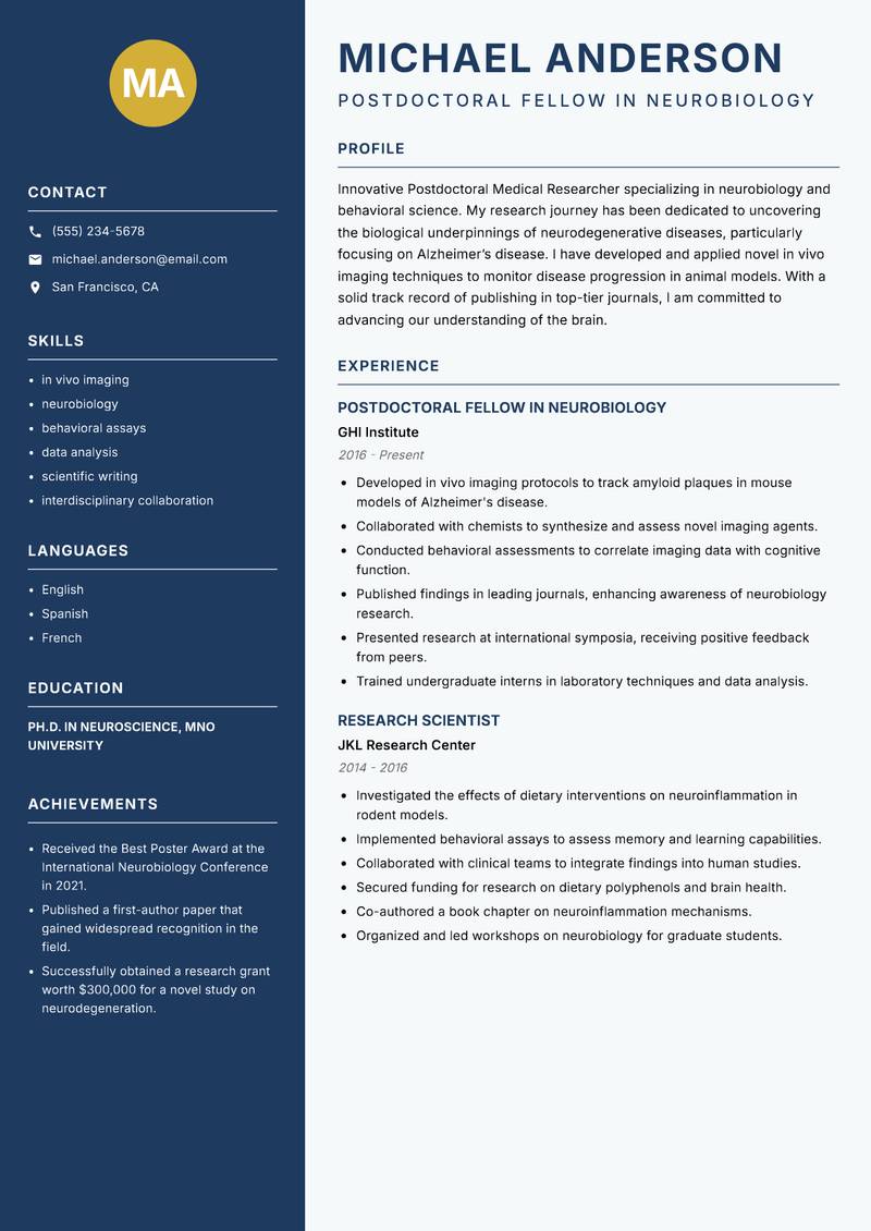 Postdoctoral Medical Researcher Resume Preview Example