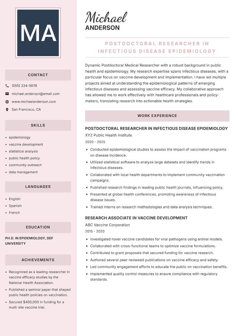 Postdoctoral Medical Researcher Resume Preview Example