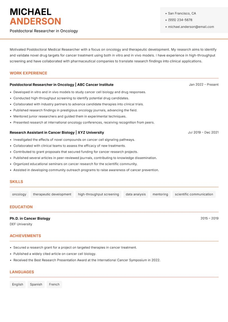 Postdoctoral Medical Researcher Resume Template