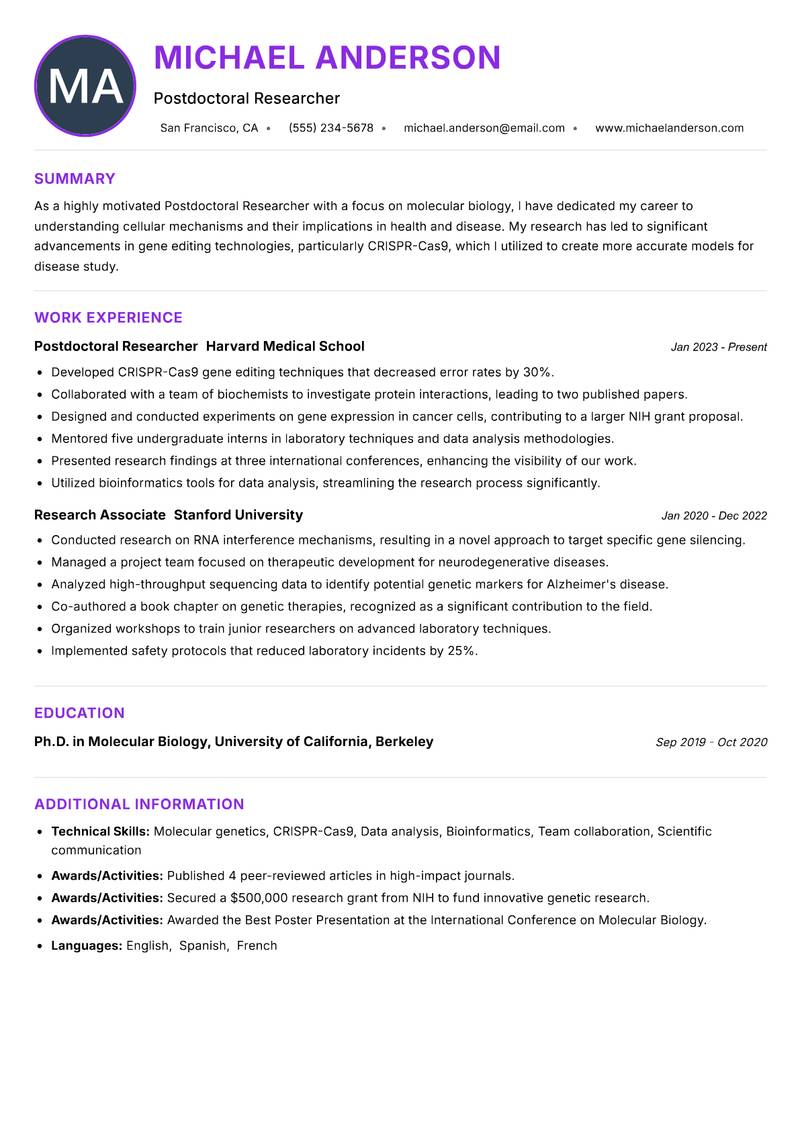 Postdoctoral Researcher Resume Preview Example