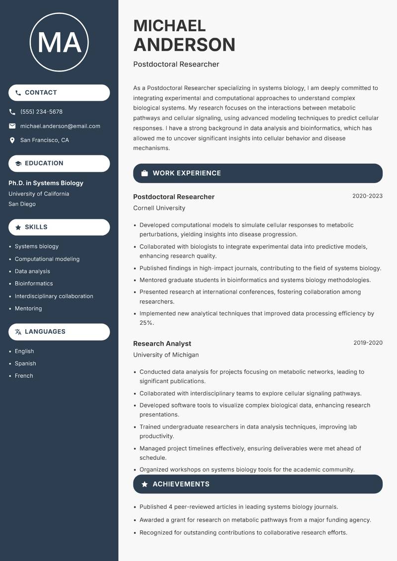 Postdoctoral Researcher Resume Preview Example