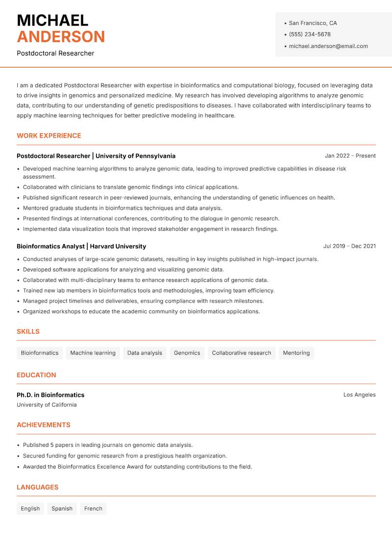 Postdoctoral Researcher Resume Template