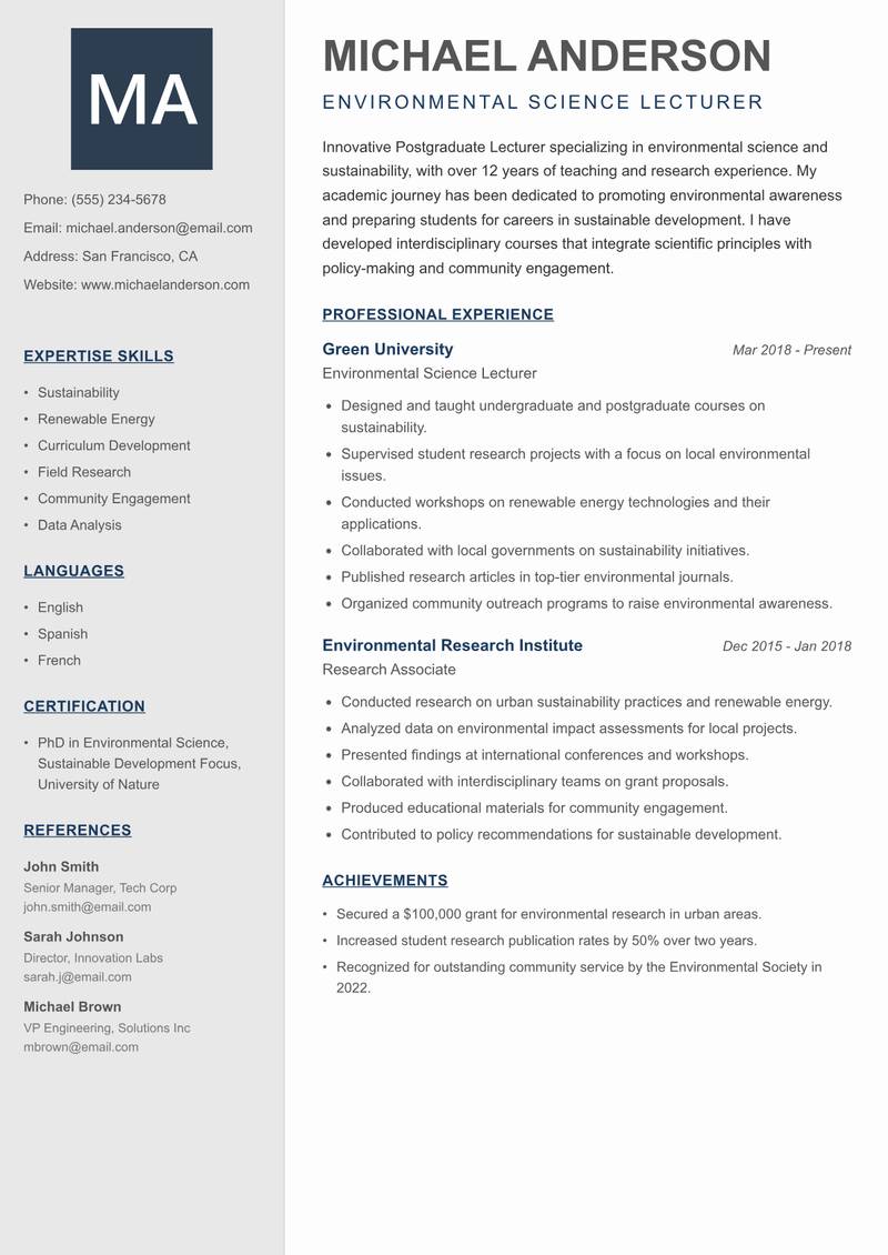 Postgraduate Lecturer Resume Preview Example