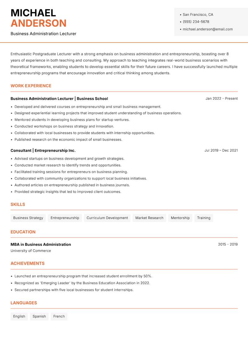 Postgraduate Lecturer Resume Template