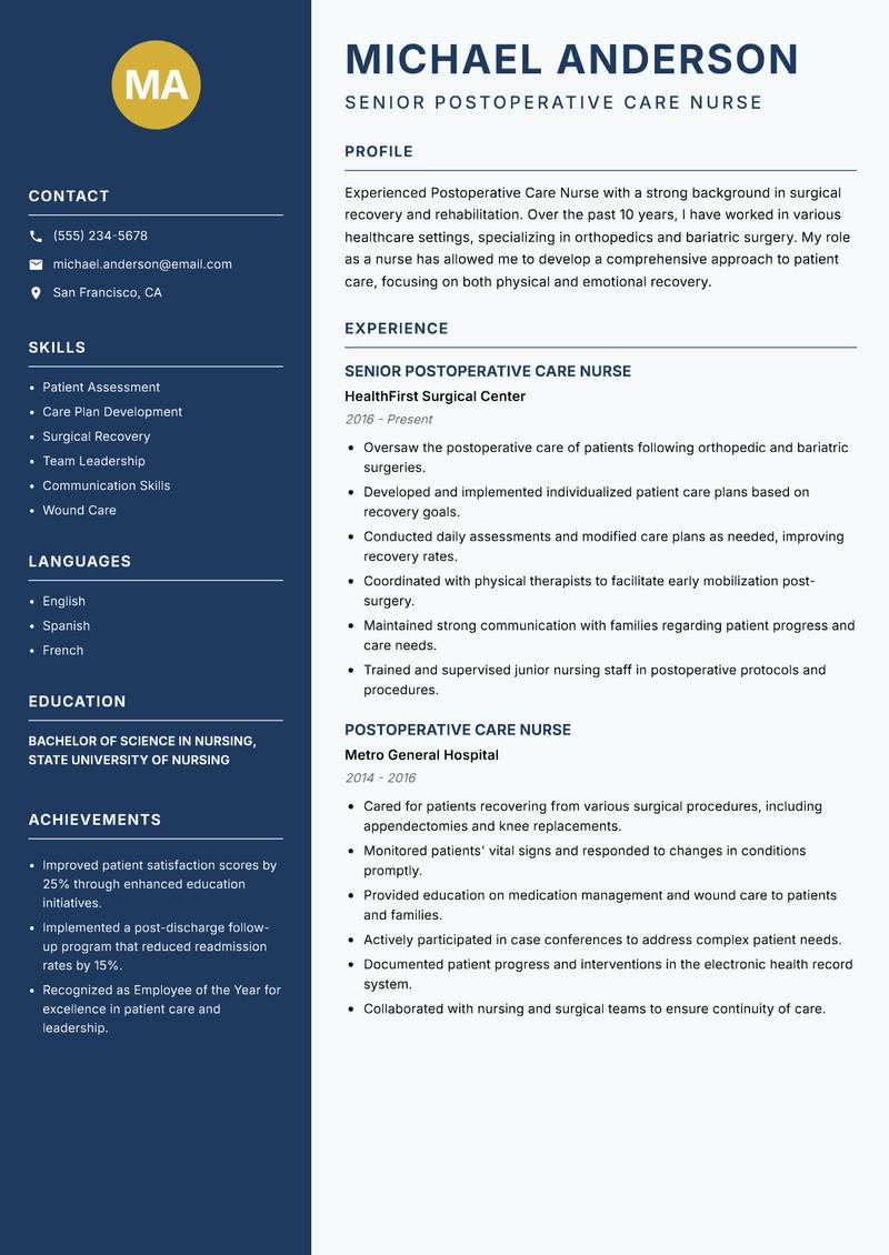 Postoperative Care Nurse Resume Preview Example