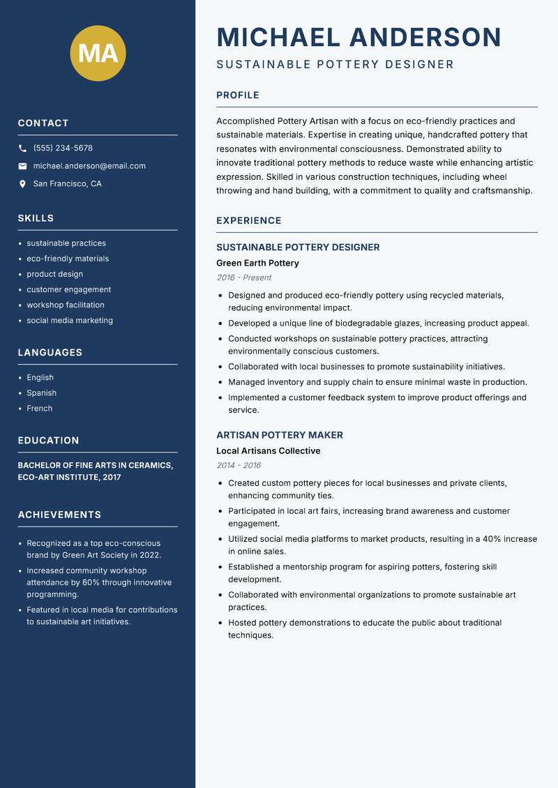 Pottery Artisan Resume Preview Example