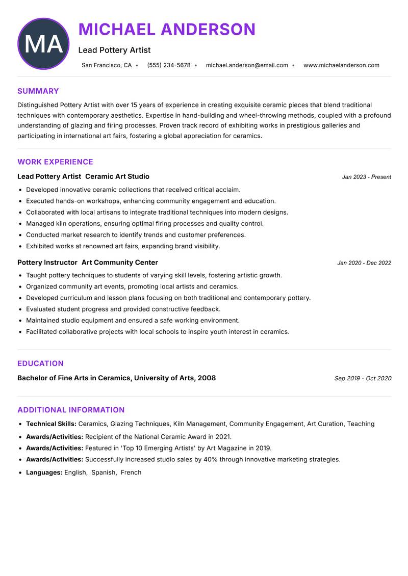 Pottery Artist Resume Preview Example