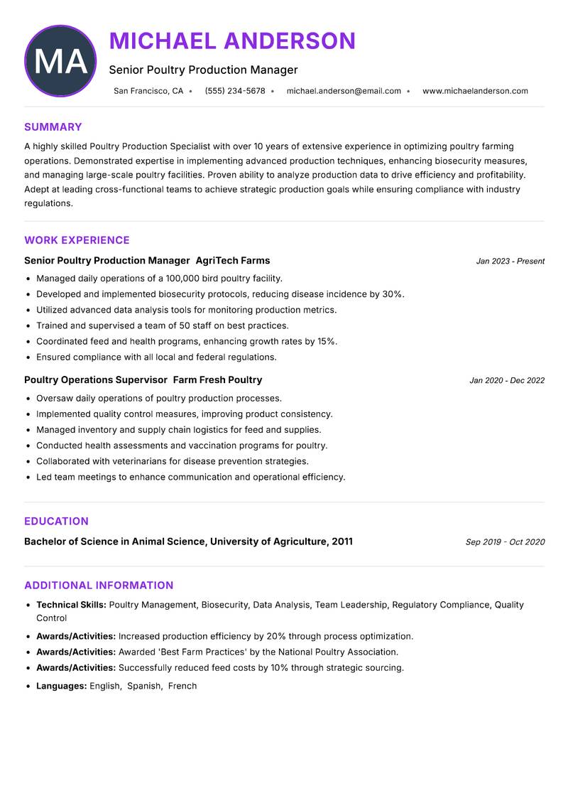 Poultry Production Specialist Resume Preview Example