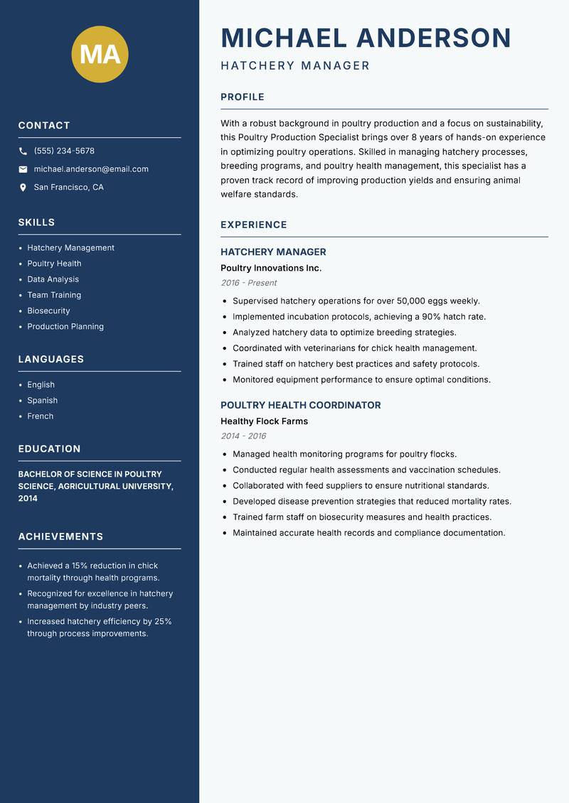 Poultry Production Specialist Resume Preview Example