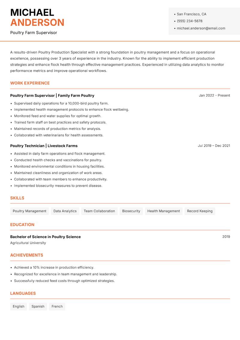 Poultry Production Specialist Resume Template