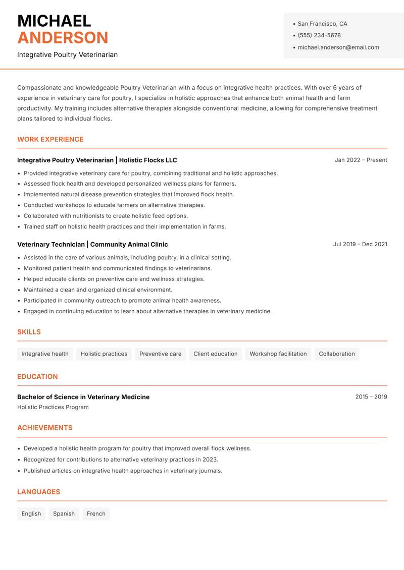 Poultry Veterinarian Resume Template