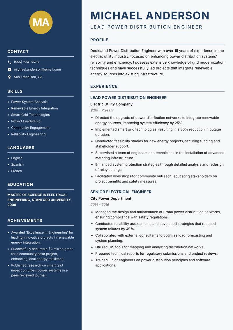Power Distribution Engineer Resume Preview Example