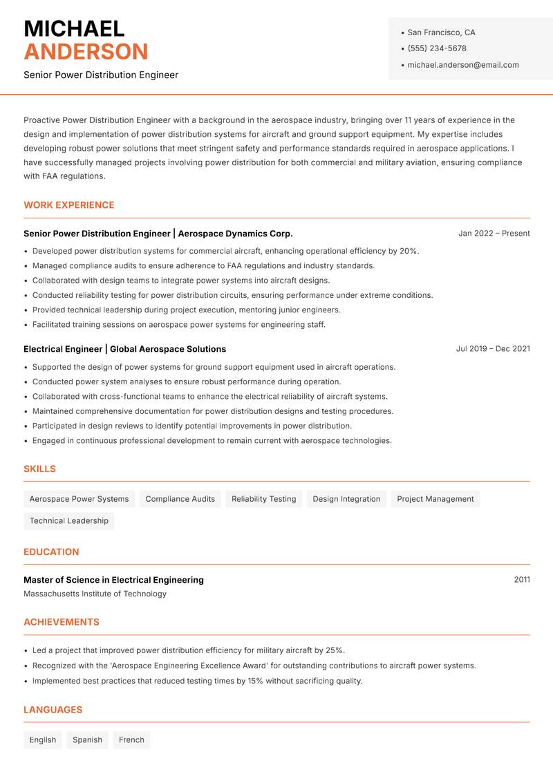 Power Distribution Engineer Resume Template