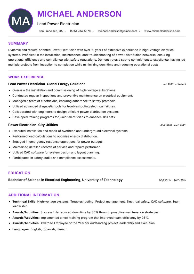Power Electrician Resume Preview Example