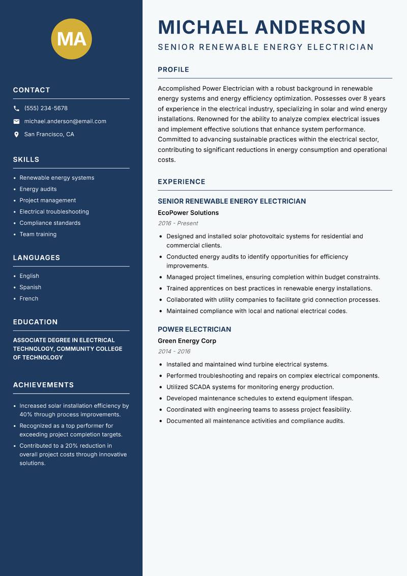 Power Electrician Resume Preview Example