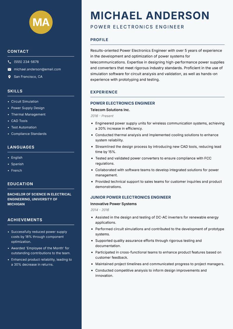 Power Electronics Engineer Resume Preview Example