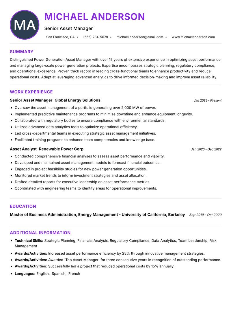 Power Generation Asset Manager Resume Preview Example