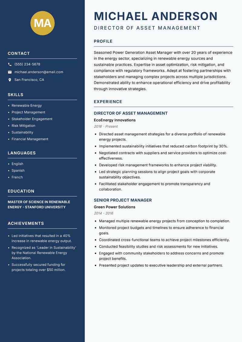 Power Generation Asset Manager Resume Preview Example