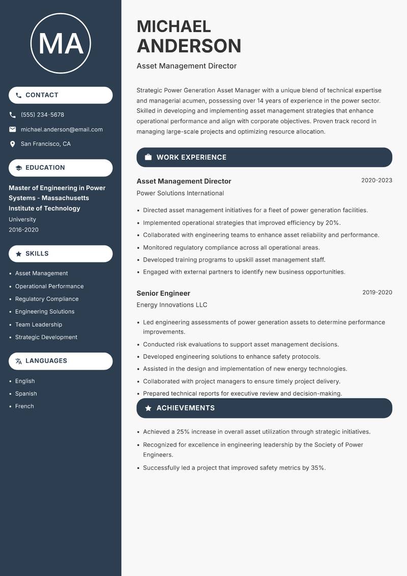 Power Generation Asset Manager Resume Preview Example