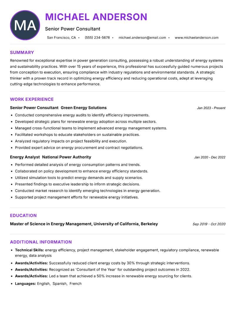 Power Generation Consultant Resume Preview Example