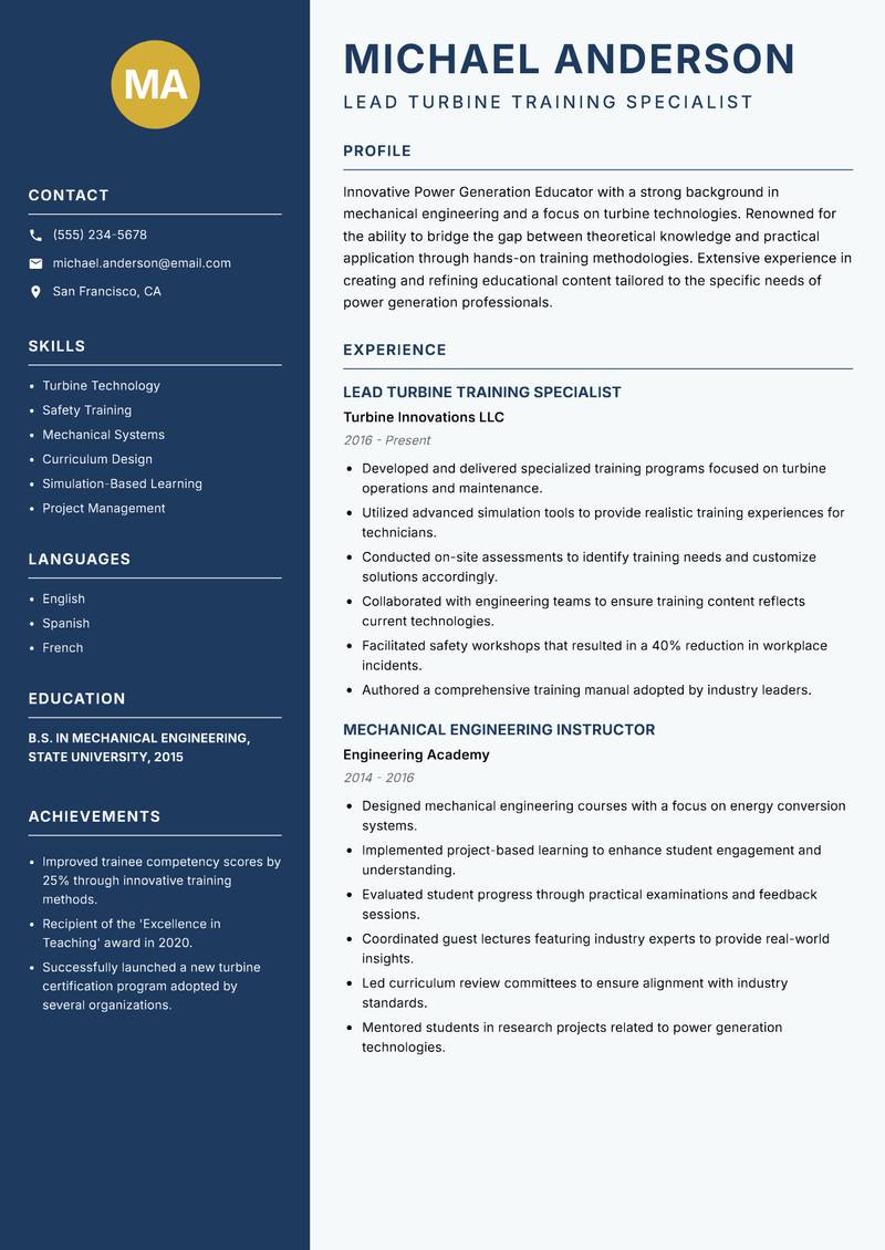 Power Generation Educator Resume Preview Example
