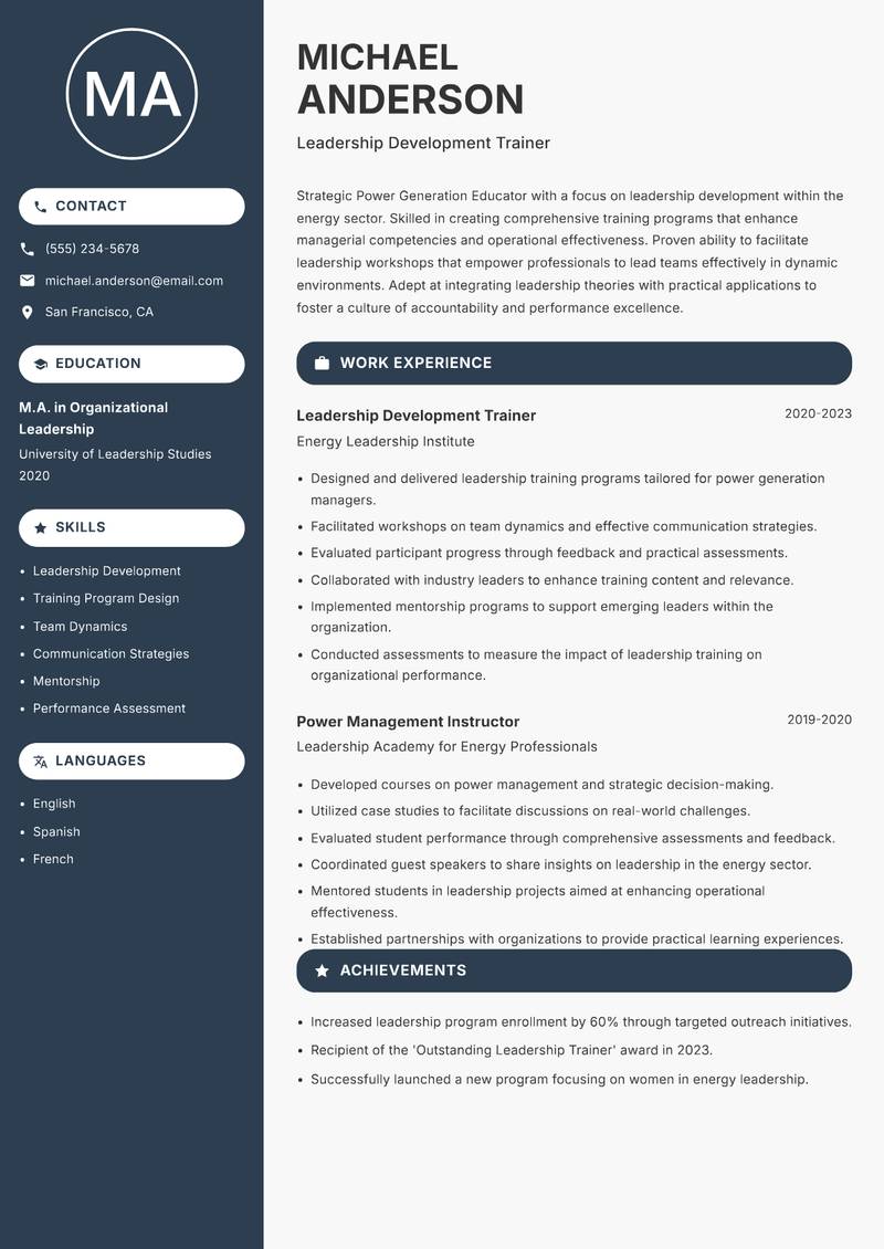 Power Generation Educator Resume Preview Example