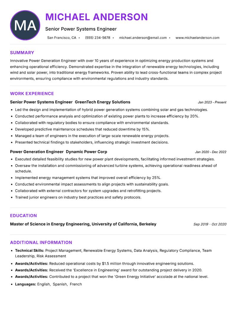 Power Generation Engineer Resume Preview Example