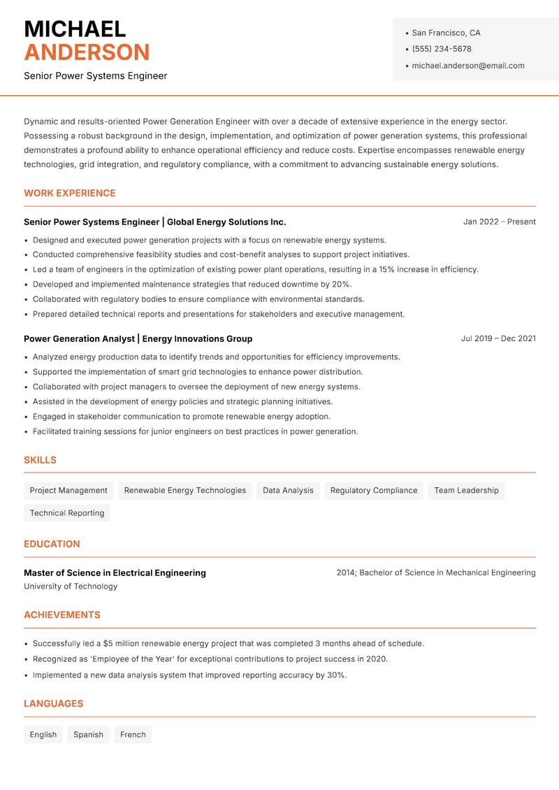 Power Generation Engineer Resume Template