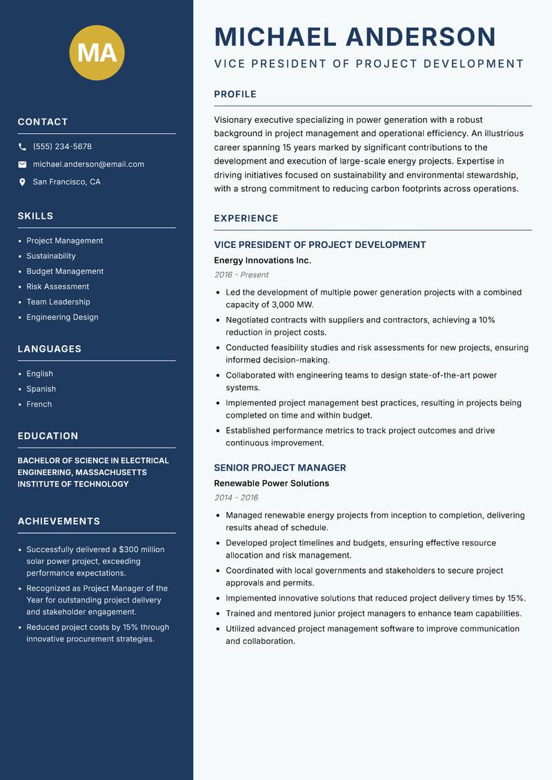 Power Generation Executive Resume Preview Example