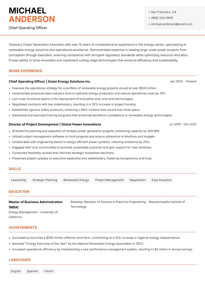 Power Generation Executive Resume Template