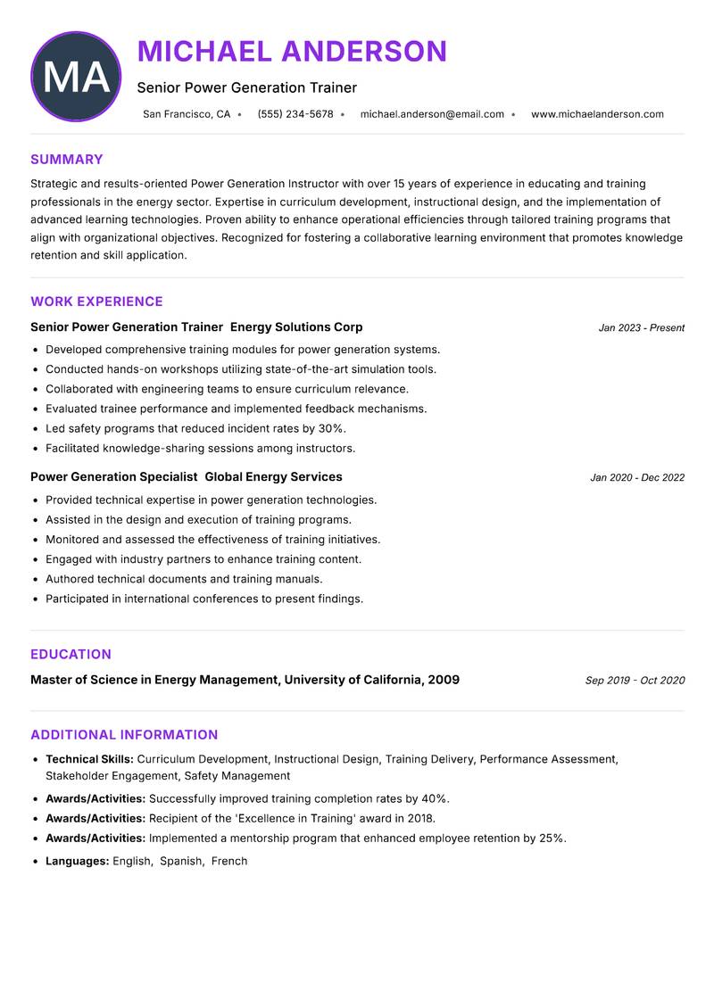 Power Generation Instructor Resume Preview Example