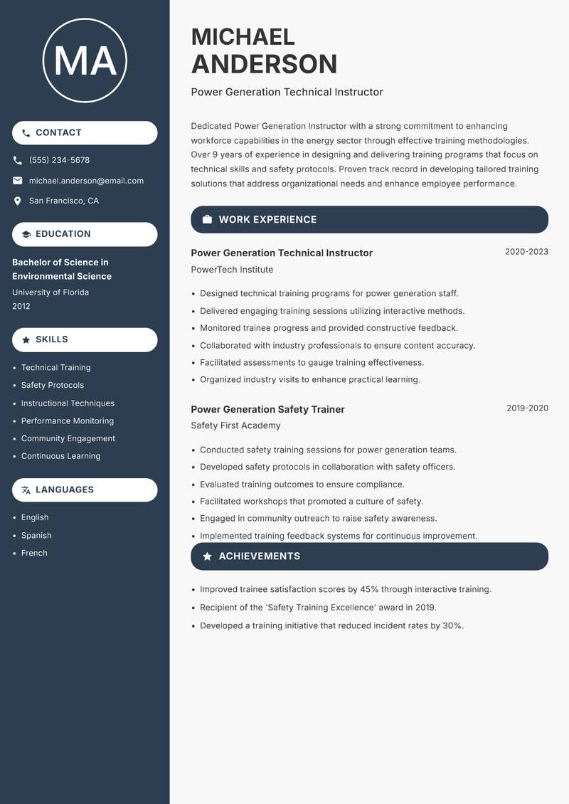 Power Generation Instructor Resume Preview Example