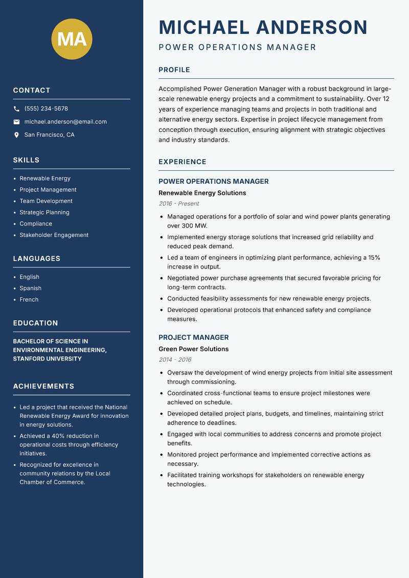 Power Generation Manager Resume Preview Example