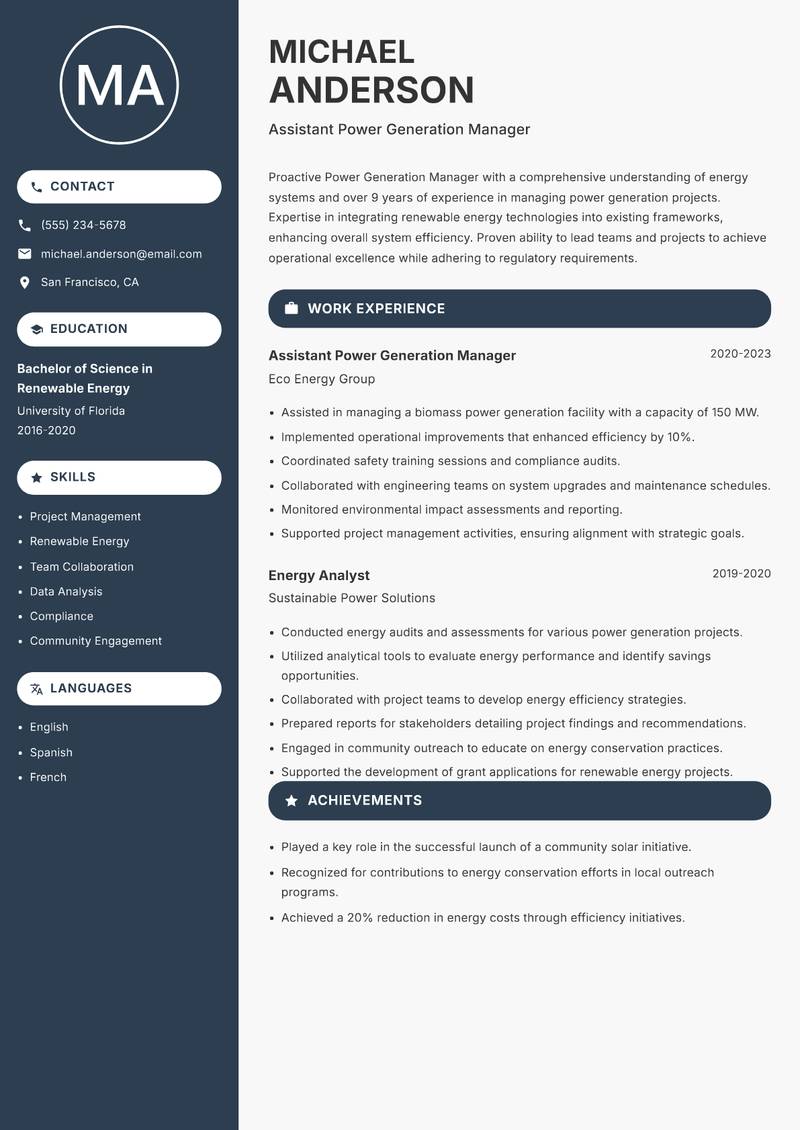 Power Generation Manager Resume Preview Example