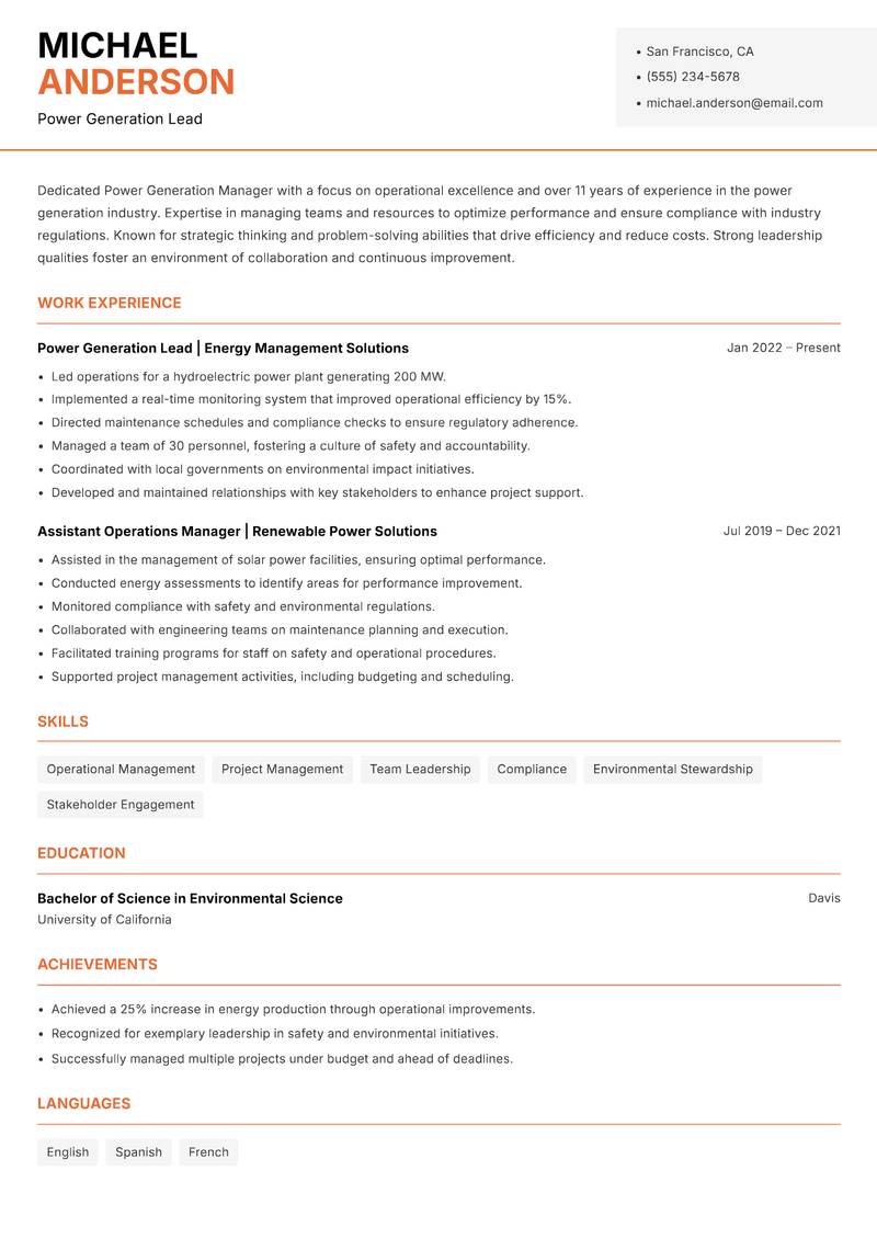 Power Generation Manager Resume Template