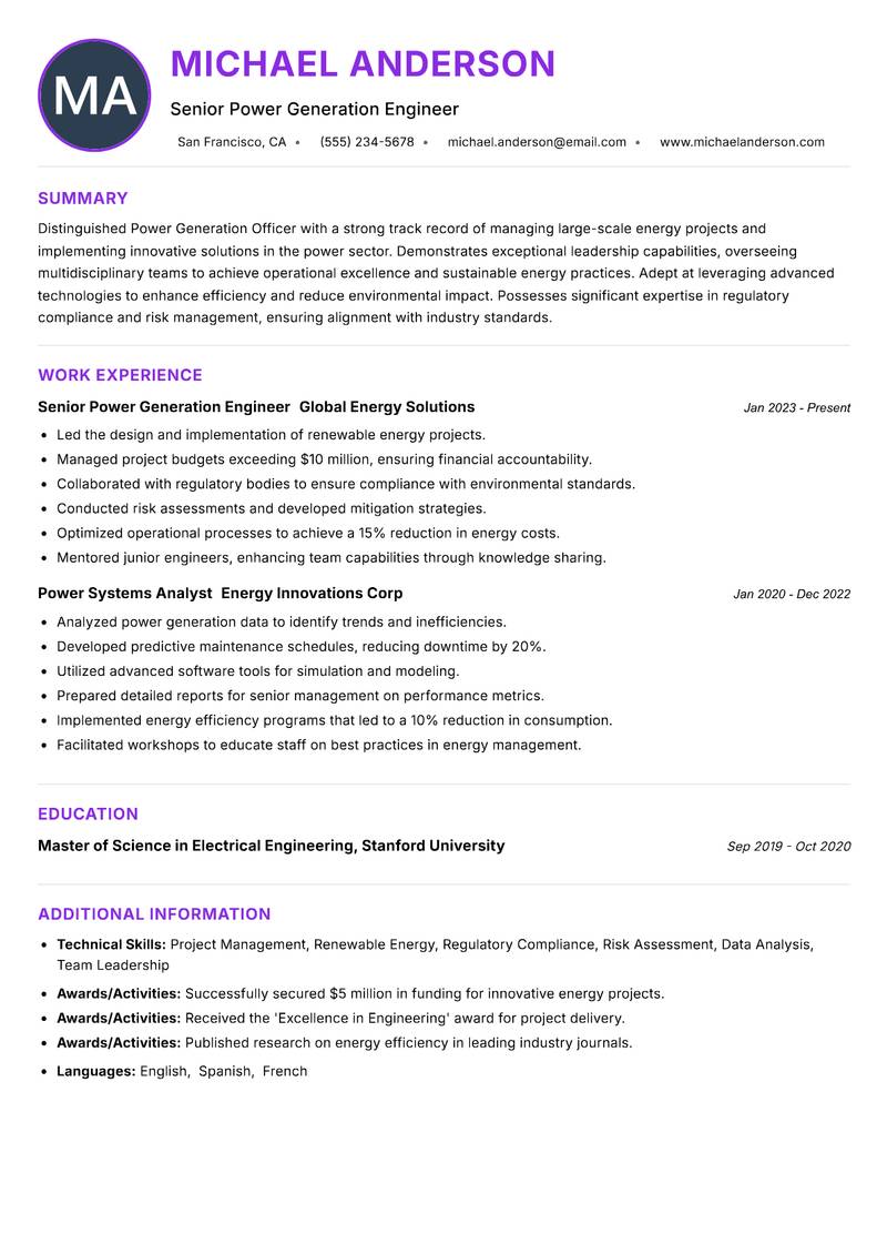 Power Generation Officer Resume Preview Example