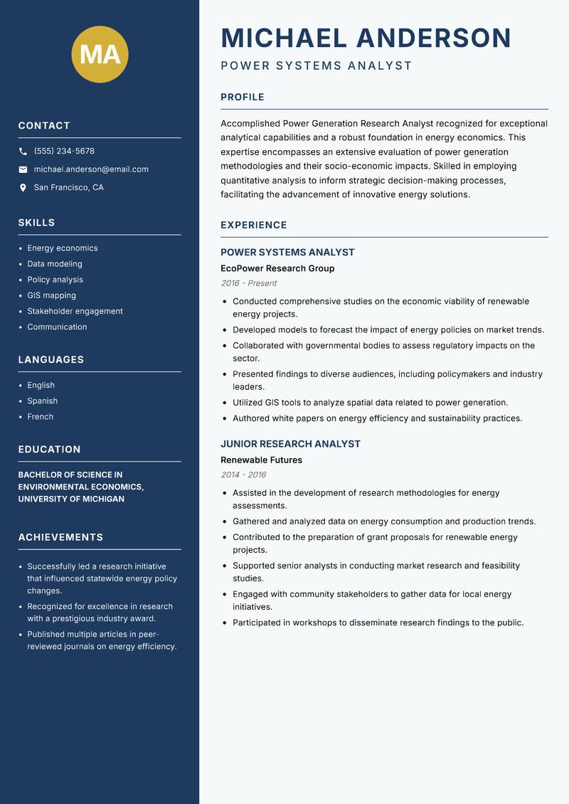 Power Generation Research Analyst Resume Preview Example