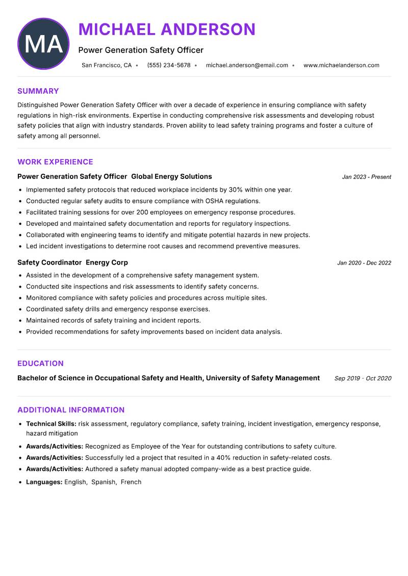 Power Generation Safety Officer Resume Preview Example