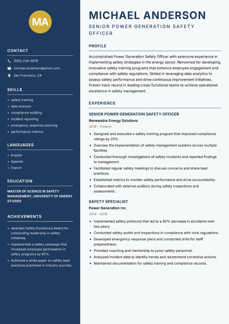 Power Generation Safety Officer Resume Preview Example