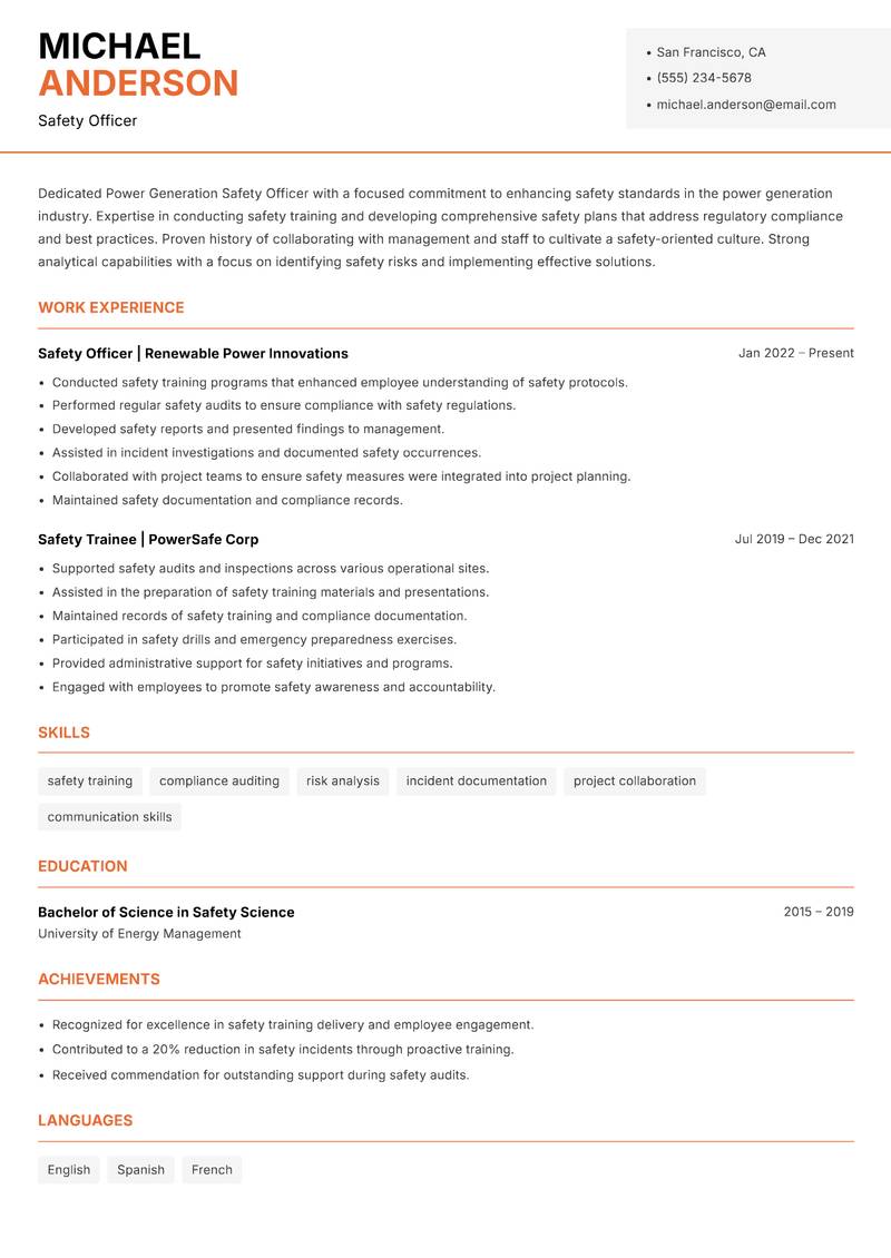 Power Generation Safety Officer Resume Template