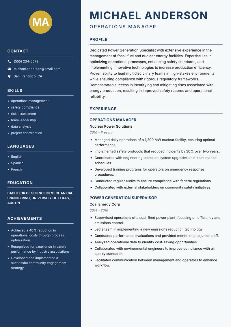 Power Generation Specialist Resume Preview Example