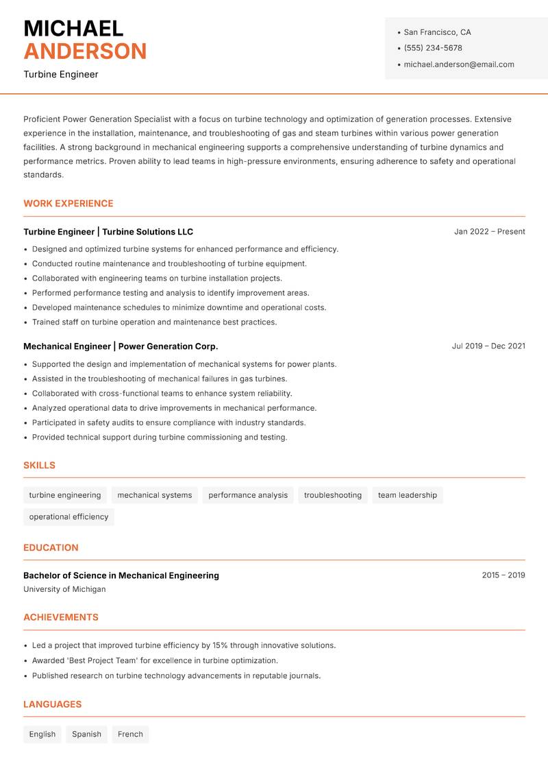 Power Generation Specialist Resume Template