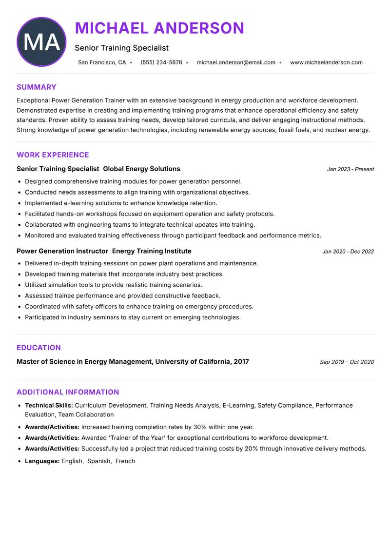 Power Generation Trainer Resume Preview Example
