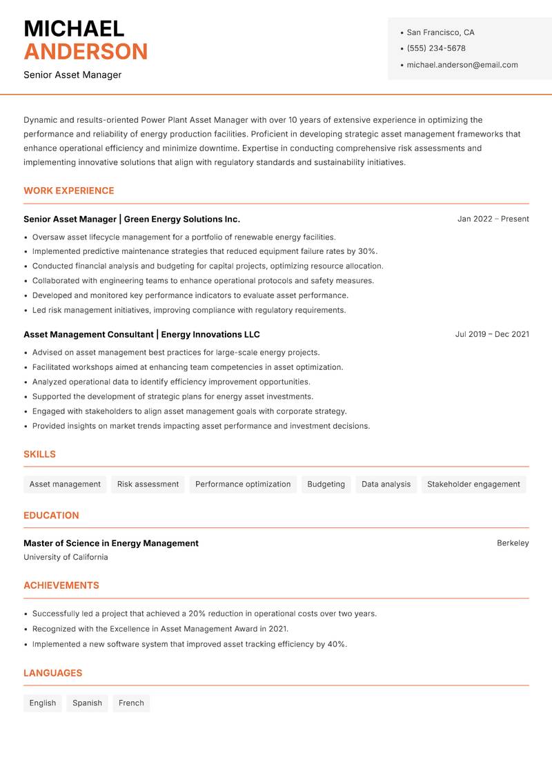Power Plant Asset Manager Resume Template