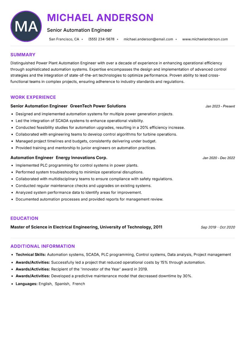 Power Plant Automation Engineer Resume Preview Example