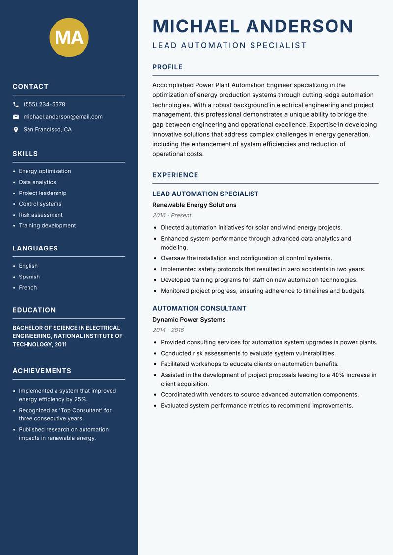 Power Plant Automation Engineer Resume Preview Example
