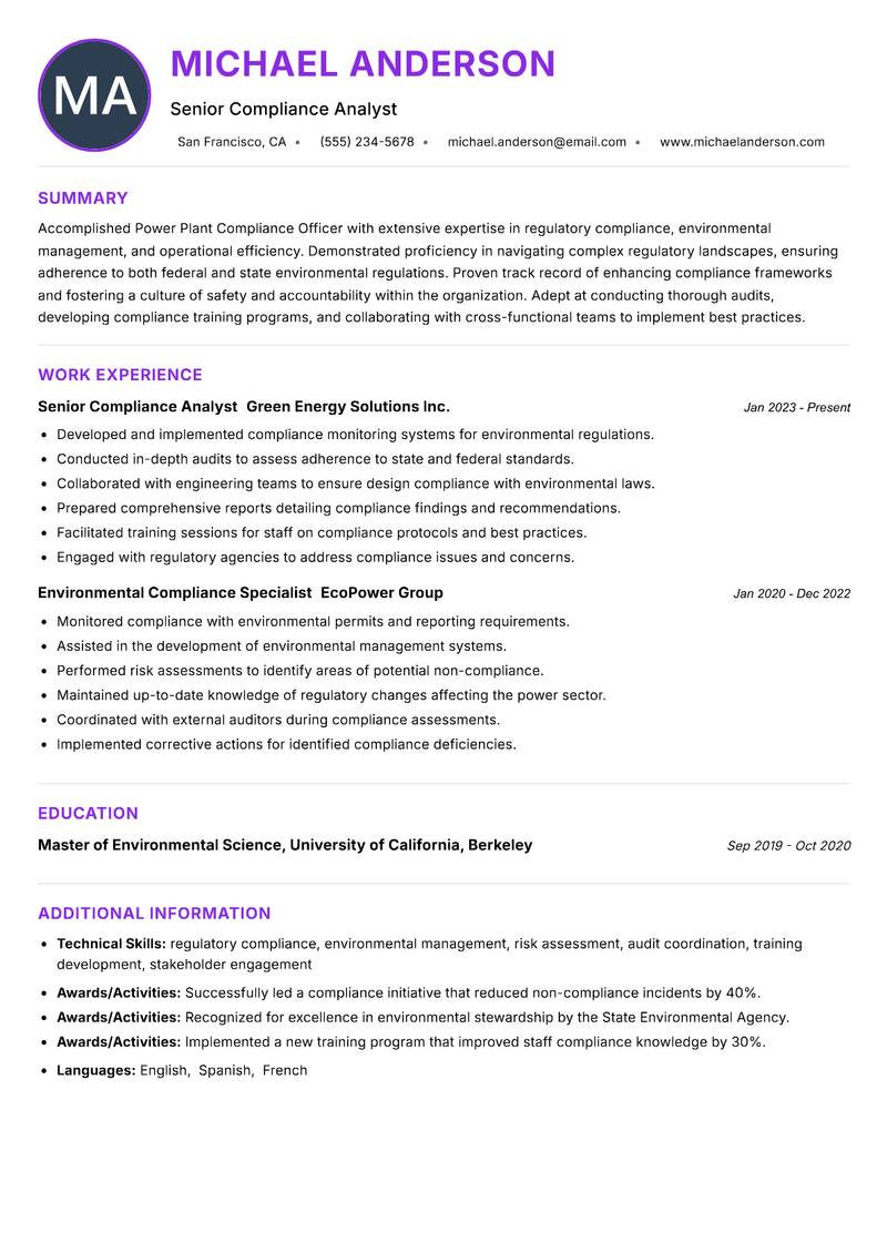 Power Plant Compliance Officer Resume Preview Example