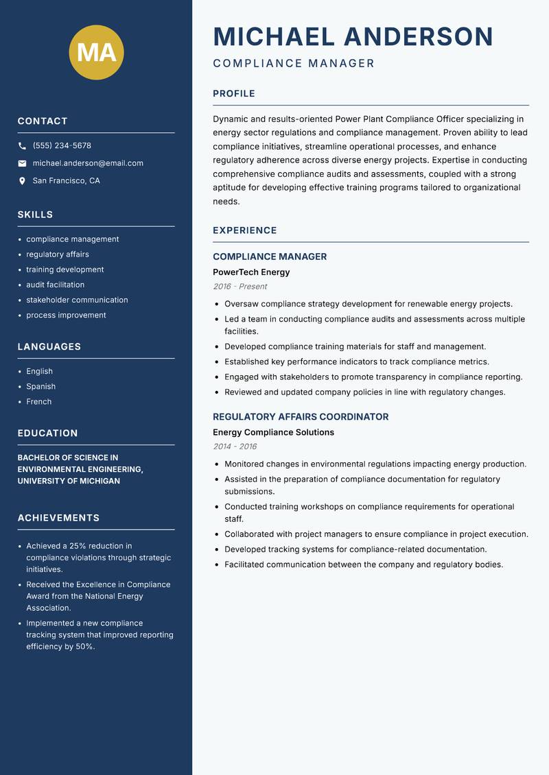 Power Plant Compliance Officer Resume Preview Example