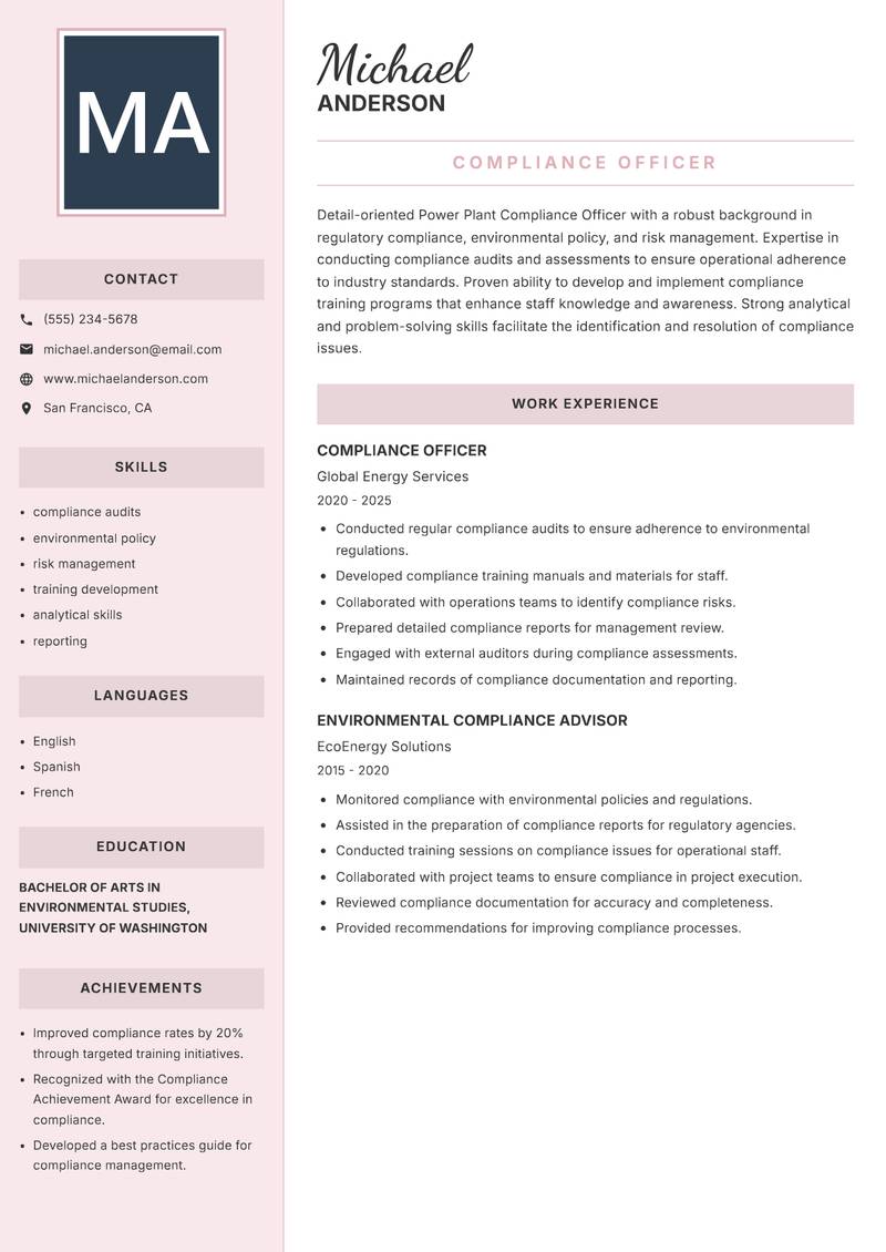 Power Plant Compliance Officer Resume Preview Example